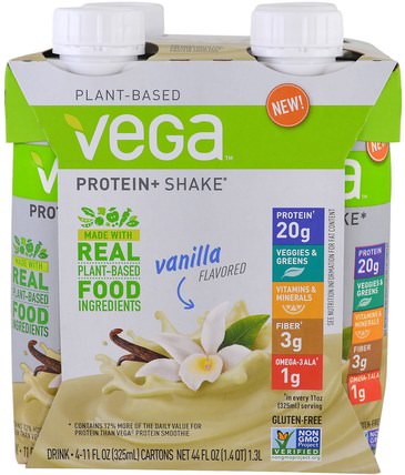 Protein + Shake, Vanilla Flavored, 4 Cartons, 11 oz (325 ml) Each by Vega, 運動，運動，蛋白質 HK 香港