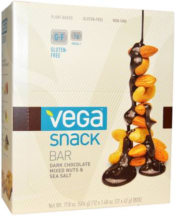 Snack Bar, Dark Chocolate Mixed Nuts/Sea Salt, 12 Bars, 1.48 oz (42 g) Each by Vega, 補充劑，營養棒 HK 香港