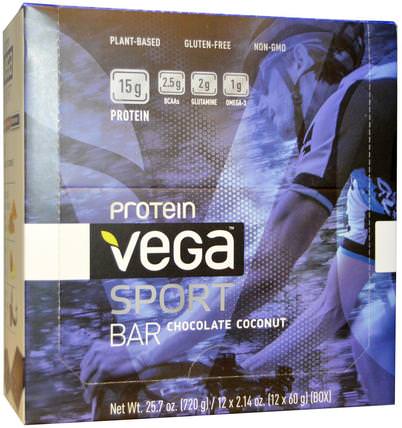 Sport Protein Bar, Chocolate Coconut, 12 Bars, 2.14 oz (60 g) Each by Vega, 運動，蛋白質棒 HK 香港