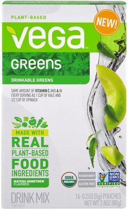 Vega Drink Mix, Greens, Matcha Honeydew Flavored, 16 Pouches, 0.2 oz (5 g) Each by Vega, 補品，超級食品，綠色蔬菜 HK 香港