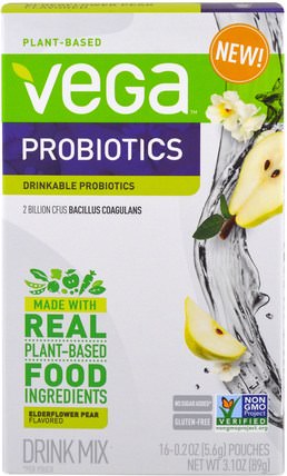 Vega Drink Mix, Probiotics, Elderflower Pear Flavored, 16 Pouches, 0.2 oz (5.6 g) Each by Vega, 補充劑，益生菌，穩定的益生菌 HK 香港