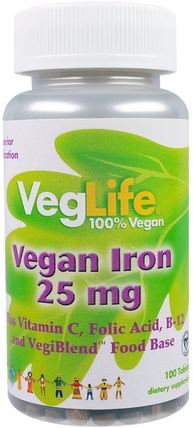 Vegan Iron, 25 mg, 100 Tablets by VegLife, 補品，礦物質，鐵 HK 香港