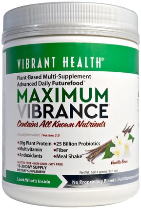 Maximum Vibrance, Version 3.0, Vanilla Bean, 22.1 oz (626.4 g) by Vibrant Health, 補品，代餐奶昔，超級食品 HK 香港