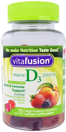 Vitamin D3, Natural Peach, Blackberry & Strawberry Flavors, 2000 IU, 75 Gummies by VitaFusion, 維生素，維生素D3，gummies HK 香港