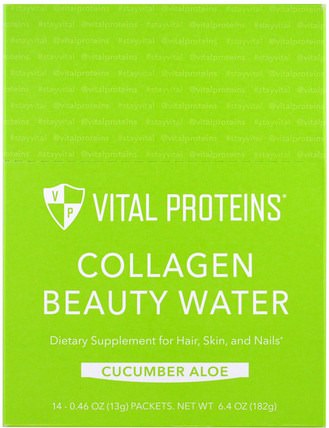 Collagen Beauty Water, Cucumber Aloe, 14 Packets, 0.46 oz (13 g) by Vital Proteins, 健康，骨骼，骨質疏鬆症，膠原蛋白，婦女，頭髮補充劑，指甲補充劑，皮膚補充劑 HK 香港