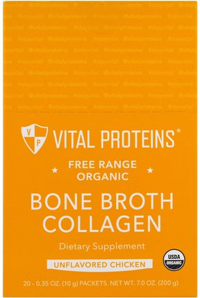 Free Range Organic Bone Broth Collagen, Unflavored Chicken, 20 Packets, 0.35 oz (10 g) Each by Vital Proteins, 健康，骨骼，骨質疏鬆症，膠原蛋白 HK 香港