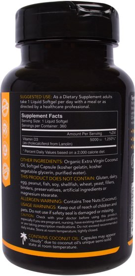 健康 - Sports Research, Vitamin D3 With Organic Coconut Oil, 5000 IU, 360 Softgels