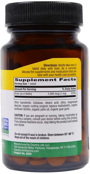 維生素，生物素 - Country Life, Biotin, 1 mg, 100 Tablets