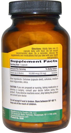 維生素，生物素 - Country Life, Biotin, High Potency, 10 mg, 120 Vegan Caps