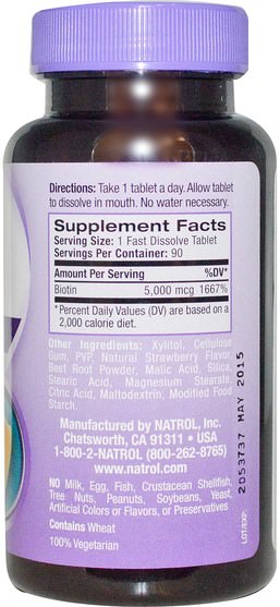 維生素，生物素 - Natrol, Biotin, Strawberry Flavor, 5000 mcg, 90 Tablets