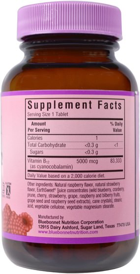 維生素 - Bluebonnet Nutrition, EarthSweet, Vitamin B-12, 5000 mcg, Natural Raspberry Flavor, 60 Chewable Tablets