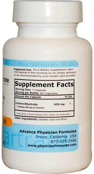 維生素，膽鹼 - Advance Physician Formulas, Choline Bitartrate, 650 mg, 60 Capsules