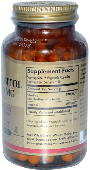 維生素，膽鹼和肌醇 - Solgar, Choline/Inositol, 500mg/500 mg, 100 Vegetable Capsules