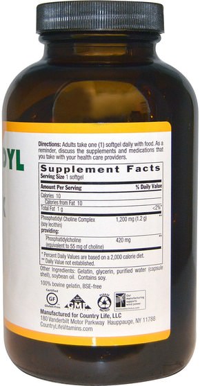 維生素，膽鹼，磷脂酰膽鹼 - Country Life, Phosphatidyl Choline Complex, 1200 mg, 200 Softgels