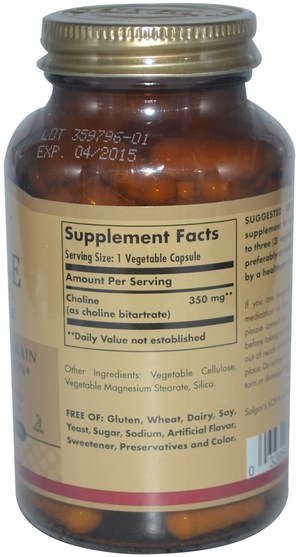 維生素，膽鹼 - Solgar, Choline 350 mg, 100 Vegetable Capsules