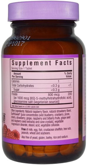 維生素，葉酸 - Bluebonnet Nutrition, EarthSweet Chewables, CellularActive Methylfolate, Natural Raspberry Flavor, 800 mcg, 90 Chewable Tablets