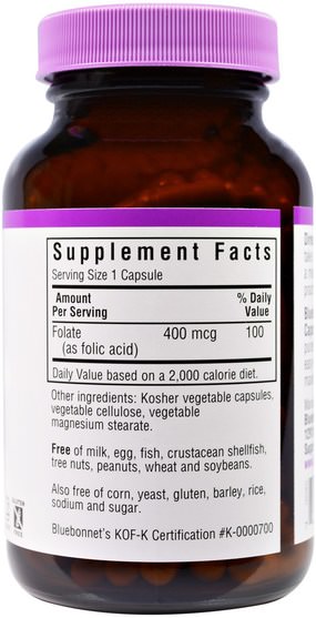 維生素，葉酸 - Bluebonnet Nutrition, Folic Acid, 400 mcg, 180 Veggie Caps