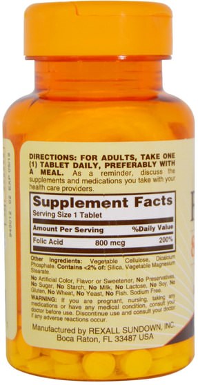 維生素，葉酸 - Sundown Naturals, Folic Acid, 800 mcg, 100 Tablets