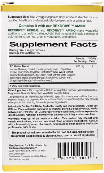 維生素，男性多種維生素，cgn rexdrive男士 - California Gold Nutrition, CGN, Rexdrive Herbal, Mens Formula, 30 Veggie Caps