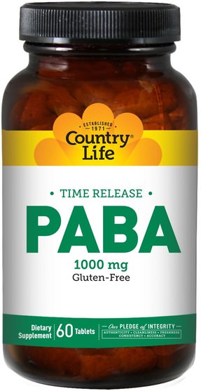 維生素，巴巴 - Country Life, PABA, Time Release, 1000 mg, 60 Tablets