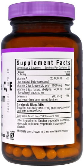 維生素，維生素a，β胡蘿蔔素 - Bluebonnet Nutrition, Beta Carotene, C, E Plus Selenium, 120 Veggie Caps
