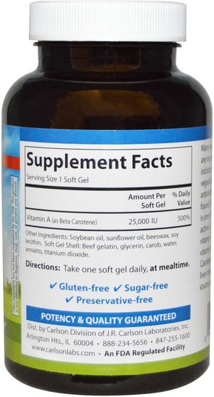 維生素，維生素a，β胡蘿蔔素 - Carlson Labs, Super Beta Carotene, 25.000 IU (15 mg), 250 Soft Gels