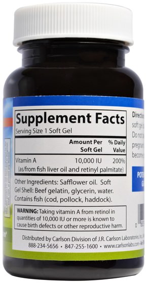 維生素，維生素a - Carlson Labs, Vitamin A, 10.000 IU, 250 Soft Gels