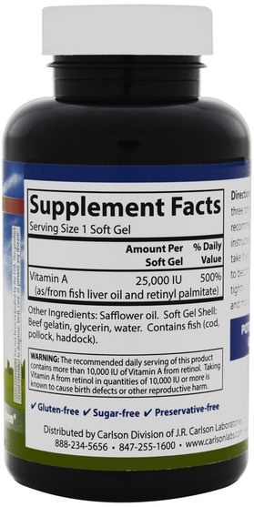 維生素，維生素a - Carlson Labs, Vitamin A, 25.000 IU, 250 Soft Gels