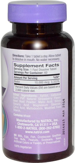 維生素，維生素B，生物素 - Natrol, Biotin, Natural Strawberry Flavor, 10.000 mcg, 60 Tablets