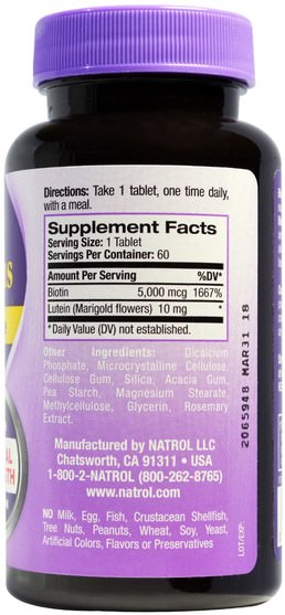 維生素，維生素B，生物素 - Natrol, Biotin Plus with Lutein, 60 Tablets
