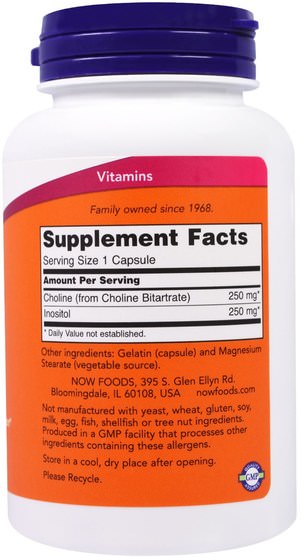 維生素，維生素b，膽鹼和肌醇 - Now Foods, Choline & Inositol, 500 mg, 100 Capsules