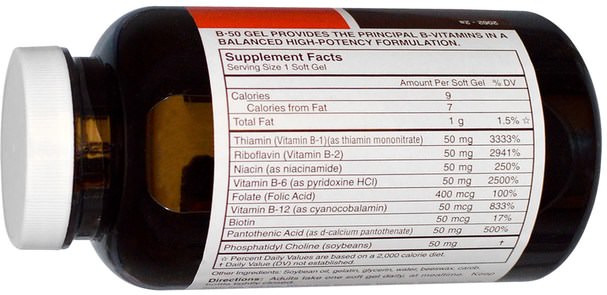 維生素，維生素b複合物 - Carlson Labs, B 50 Gel, Vitamin B Complex, 200 Soft Gels