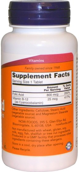 維生素，維生素b，葉酸 - Now Foods, Folic Acid with Vitamin B-12, 800 mcg, 250 Tablets
