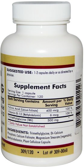維生素，維生素b，亞葉酸，補充劑，tmg（無水甜菜鹼） - Kirkman Labs, TMG, With Folinic Acid & Methyl B-12, 500 mg, 120 Capsules