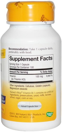 維生素，維生素b - Natures Way, Vitamin B-1, 100 mg Thiamin HCl, 100 Capsules