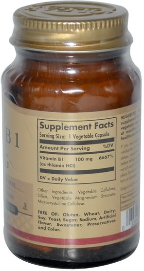 維生素，維生素b - Solgar, Vitamin B1, 100 mg, 100 Vegetable Capsules