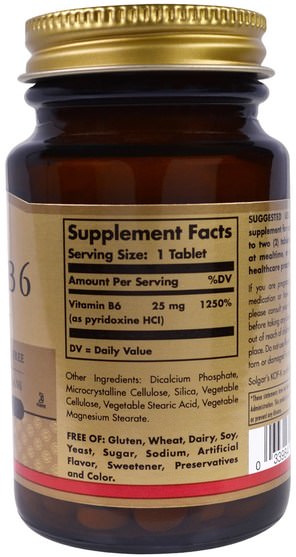 維生素，維生素b - Solgar, Vitamin B6, 25 mg, 100 Tablets