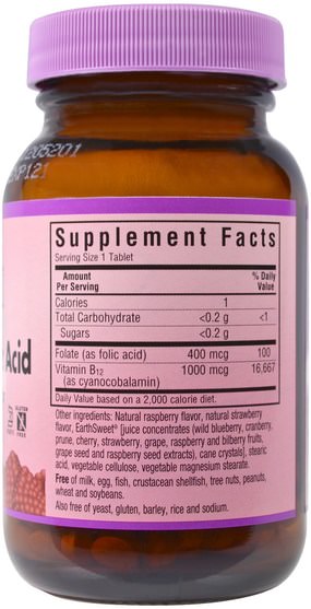 維生素，維生素b，維生素b12 - Bluebonnet Nutrition, EarthSweet Chewables, Vitamin B-12 & Folic Acid, Natural Raspberry Flavor, 180 Chewable Tablets