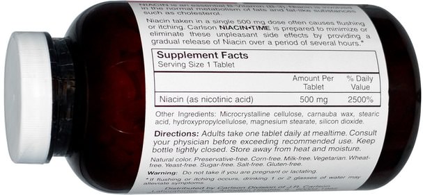 維生素，維生素B，維生素b3，菸酸沖洗 - Carlson Labs, Niacin-Time, 500 mg, 500 Tablets