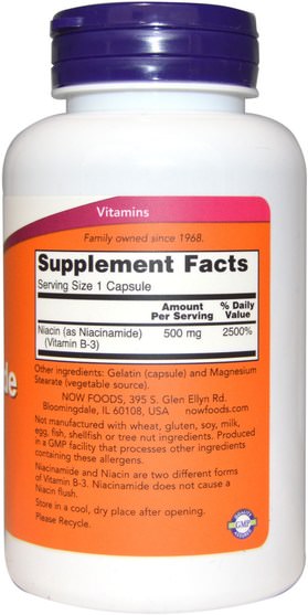 維生素，維生素b，維生素b3，維生素b3 - 煙酰胺 - Now Foods, Niacinamide, 500 mg, 100 Capsules