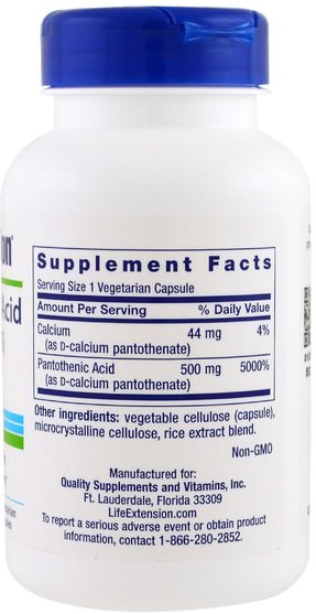 維生素，維生素b，維生素b5 - 泛酸 - Life Extension, Pantothenic Acid, (Vitamin B-5), 500 mg, 100 Veggie Caps