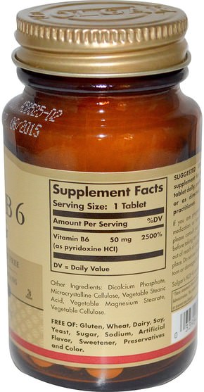 維生素，維生素b，維生素b6 - 吡哆醇 - Solgar, Vitamin B6, 50 mg, 100 Tablets
