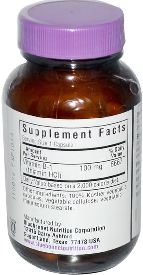 維生素，維生素b1 - 硫胺素 - Bluebonnet Nutrition, Vitamin B-1, 100 mg, 100 Vcaps