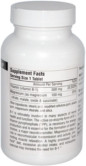 維生素，維生素b1 - 硫胺素 - Source Naturals, B-1, High Potency, 500 mg, 100 Tablets