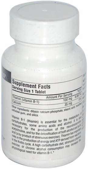 維生素，維生素b1 - 硫胺素 - Source Naturals, B-1, Thiamin, 100 mg, 100 Tablets