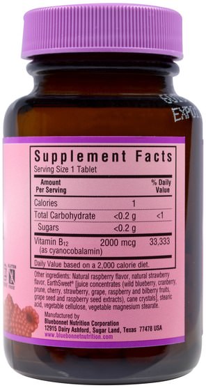 維生素，維生素b12 - Bluebonnet Nutrition, EarthSweet Chewables, Vitamin B12, Natural Raspberry Flavor, 2.000 mcg, 90 Chewable Tablets