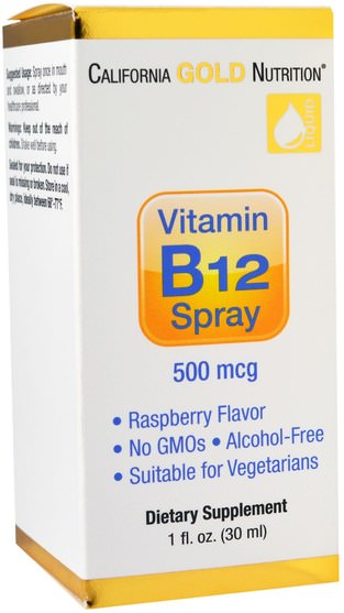 維生素，維生素b12 - California Gold Nutrition, CGN, Vitamin B12 Spray, Alcohol Free, Raspberry, 500 mcg, 1 fl oz (30 ml)