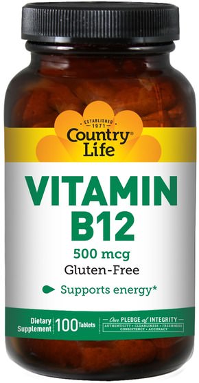 維生素，維生素b12，維生素b12 - cyanocobalamin - Country Life, Vitamin B12, 500 mcg, 100 Tablets