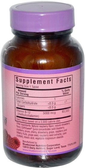 維生素，維生素b12，維生素b12 - 甲基鈷胺素 - Bluebonnet Nutrition, EarthSweet, Methylcobalamin, Vitamin B-12, Natural Raspberry Flavor, 5000 mcg, 60 Chewable Tablets