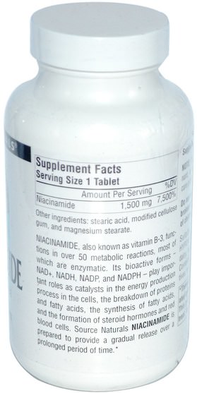 維生素，維生素b3，維生素b3 - 煙酰胺 - Source Naturals, Niacinamide, B-3, Timed Release, 1.500 mg, 100 Tablets